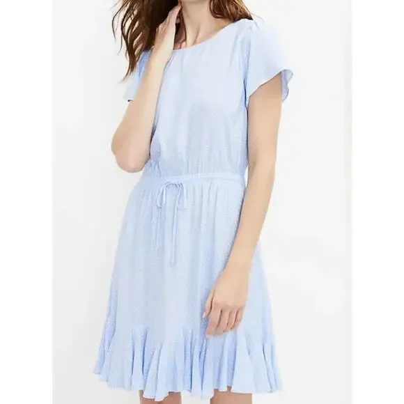 LOFT Dress Womens M Light Blue Polka Dot Godet Ruffle Tie Waist Minimalist - Picture 1 of 9